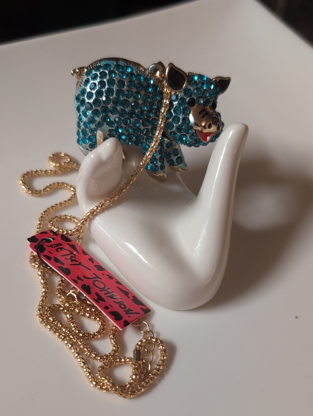 Rare Betsy Johnson Articulated Blue Crystal Pig Necklace NWT
